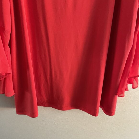 Susan Graver Women 3X Red Liquid Knit Tunic Top With Sheer Chiffon Bell Sleeves - Picture 3 of 11